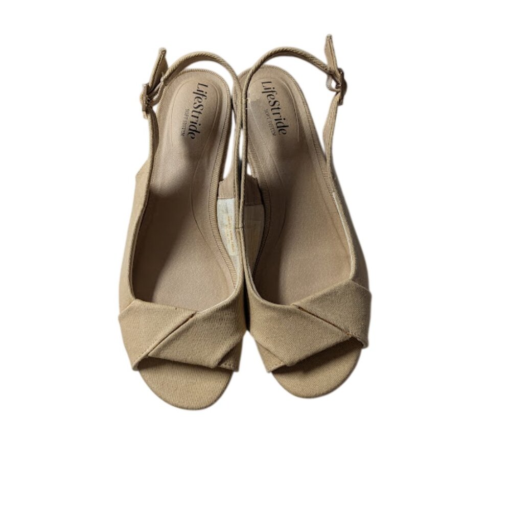 LifeStride Socialite Lt Beige Comfort Espadrille Wedge Canvas Sandal Size 9 NWOB